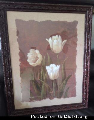 Pair (2) of Tulips Art Prints w/Rosewood Carved Frame