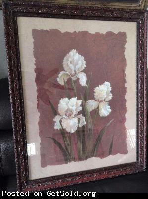 Pair (2) of Tulips Art Prints w/Rosewood Carved Frame