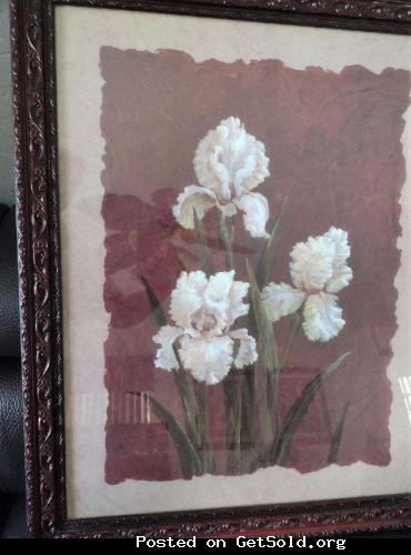 Pair (2) of Tulips Art Prints w/Rosewood Carved Frame