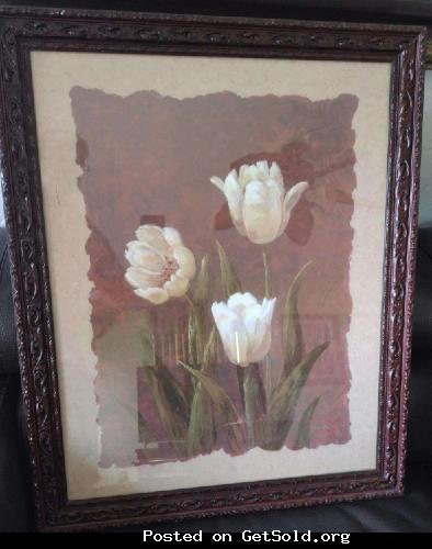 Pair (2) of Tulips Art Prints w/Rosewood Carved Frame