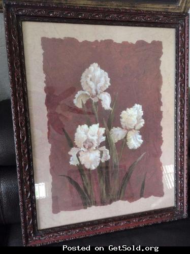 Pair (2) of Tulips Art Prints w/Rosewood Carved Frame