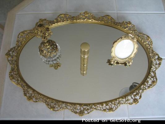 MIRRORED BRASS TRAY w/BRASS and GLASS PERFUME BOTTLE