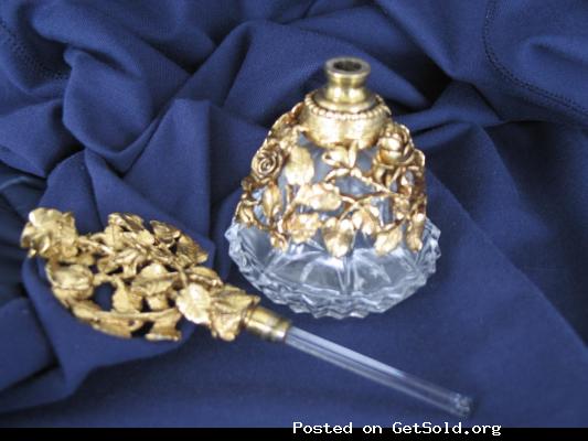 MIRRORED BRASS TRAY w/BRASS and GLASS PERFUME BOTTLE