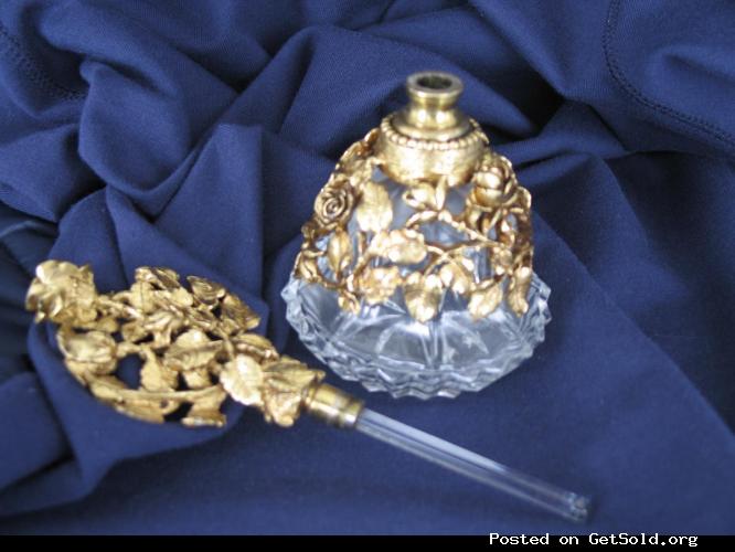 MIRRORED BRASS TRAY w/BRASS and GLASS PERFUME BOTTLE